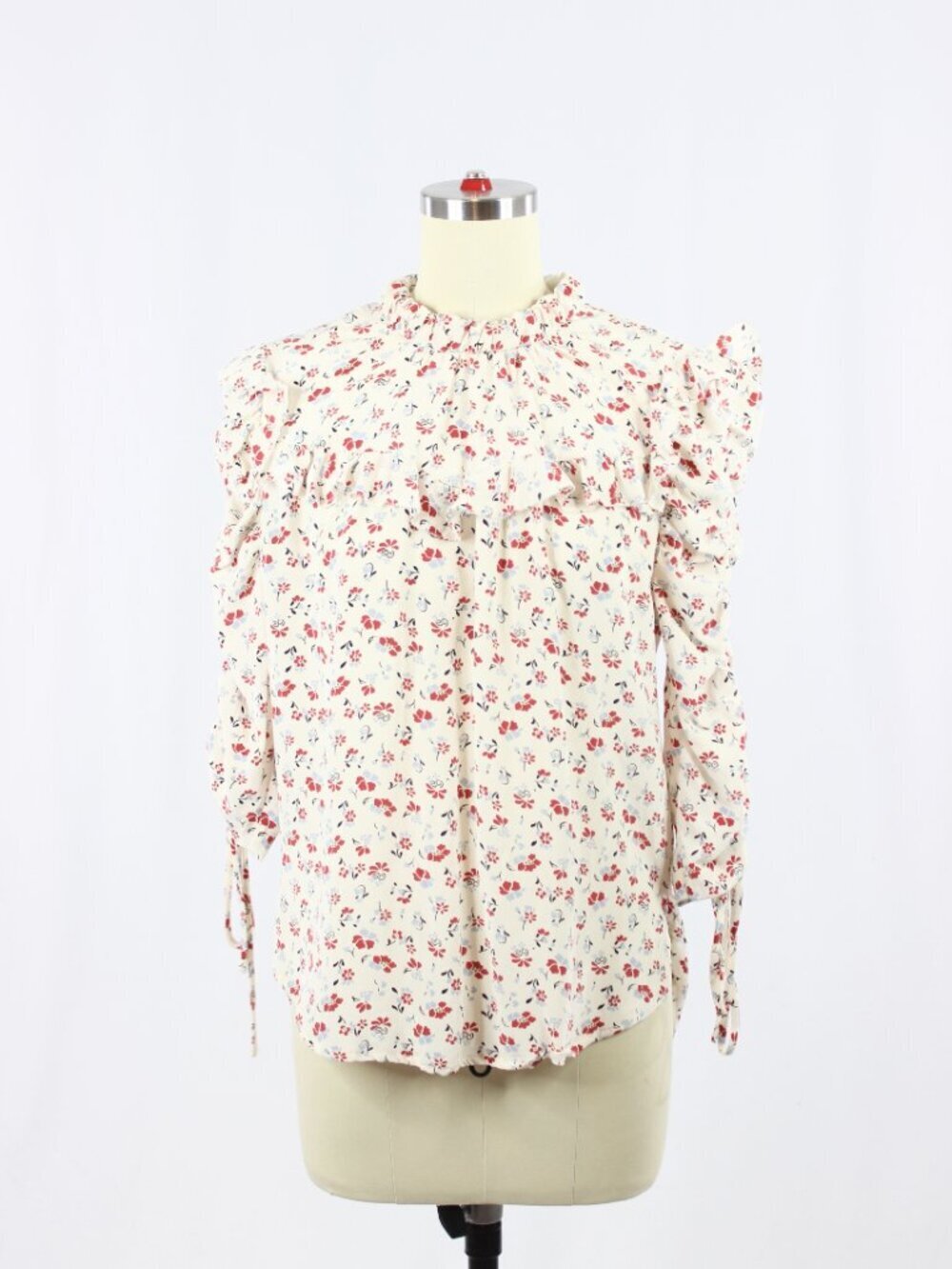 VERONICA BEARD Howell Red Floral 100% Silk Crepe Ruched Sleeve Blouse, Size 2 - Picture 5 of 15